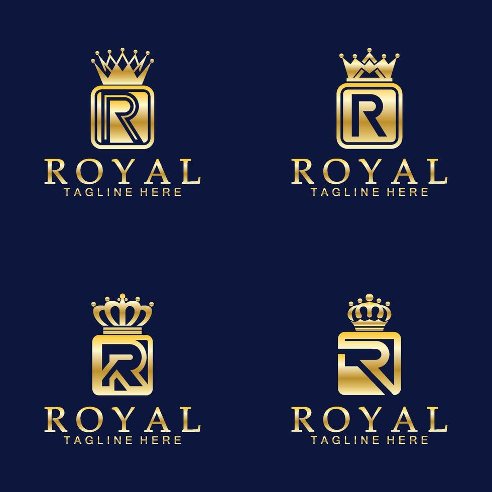 r inicial real coroa logotipo. real, rei, rainha luxo símbolo. Fonte emblema. vetor