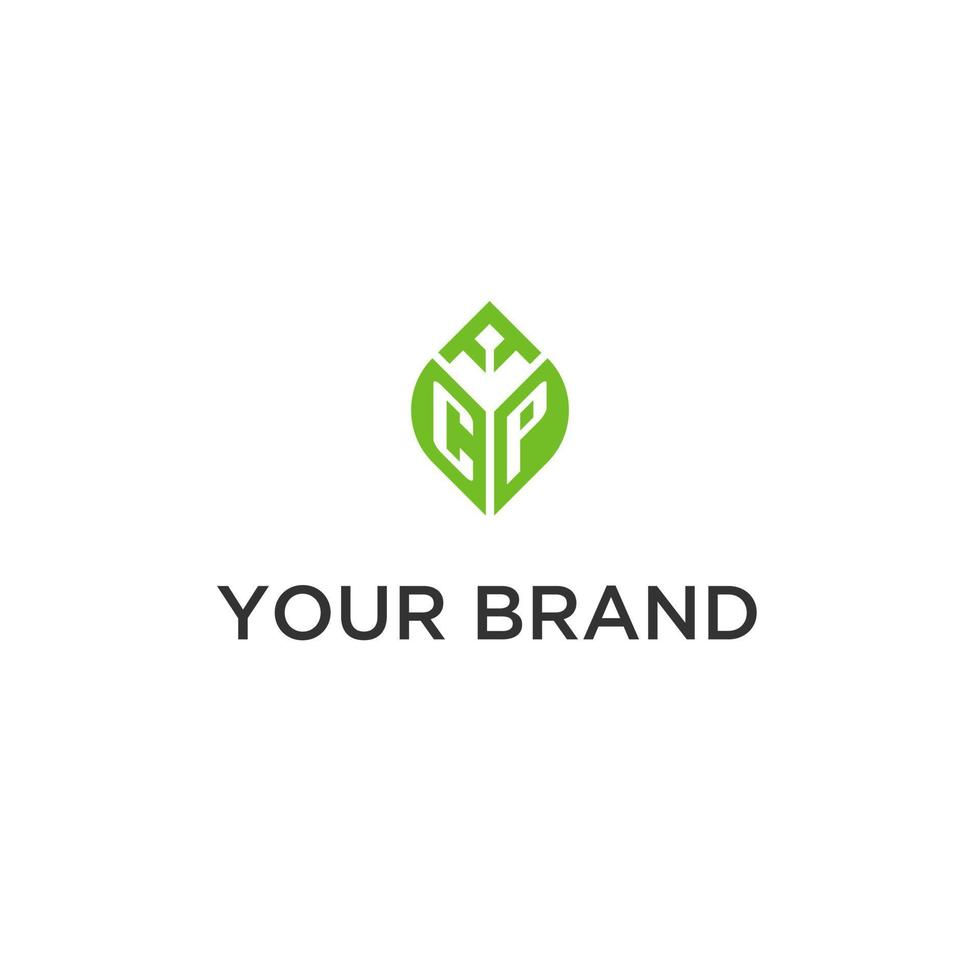 cp monograma com folha logotipo Projeto Ideias, criativo inicial carta logotipo com natural verde folhas vetor