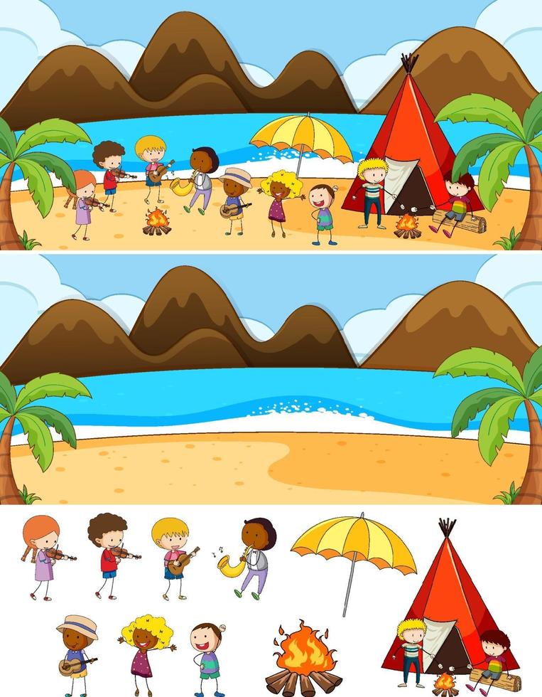 conjunto de diferentes cenas horizontais de praia com o personagem de desenho animado doodle vetor