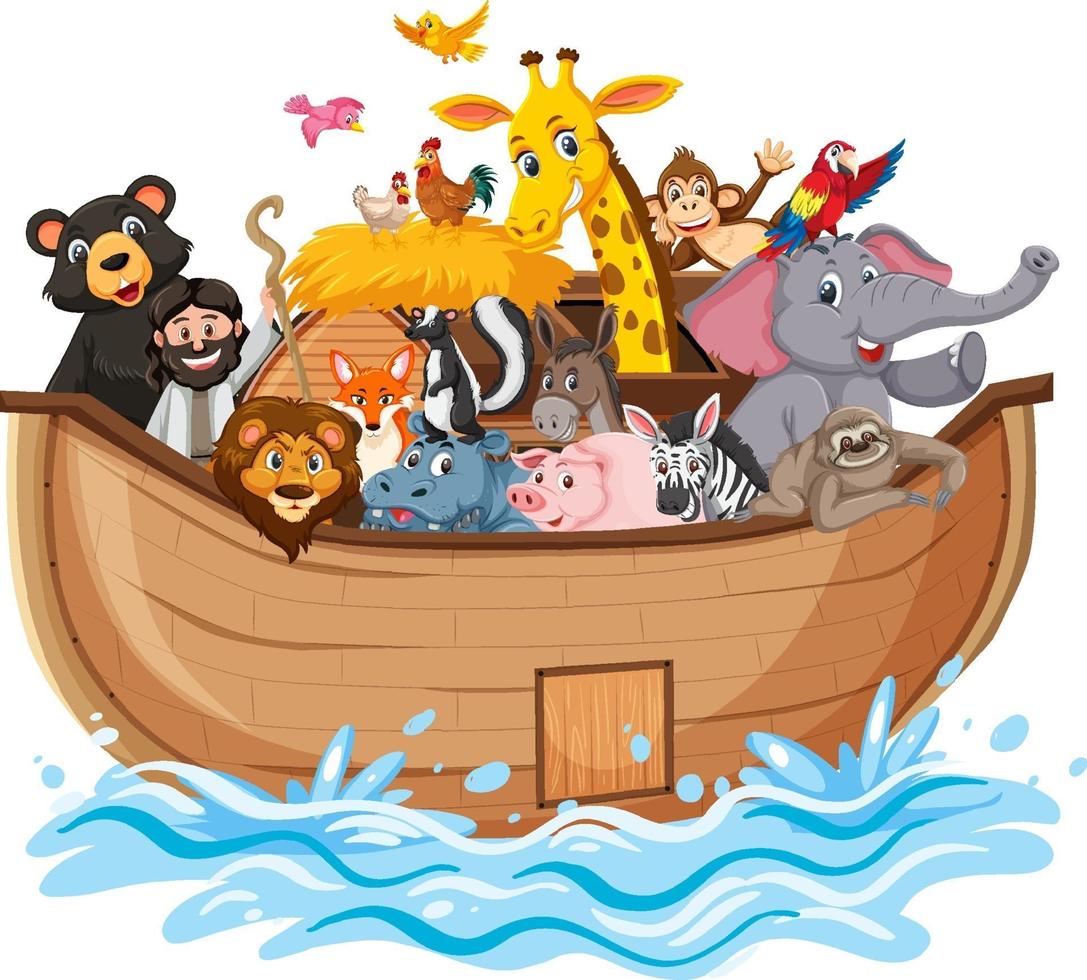 arca de noé com animais na onda de água isolada no fundo branco vetor