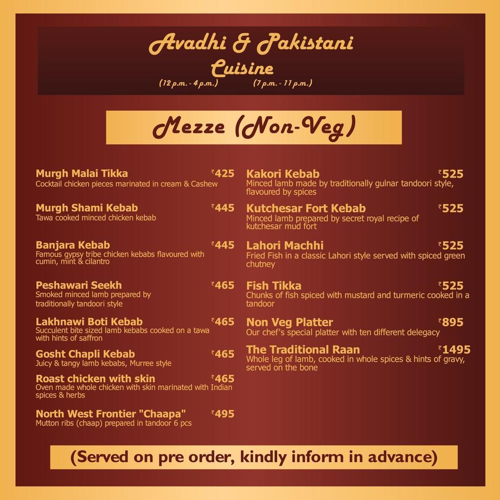 arte vetorial de menu de hotel avadhi paquistanês vetor