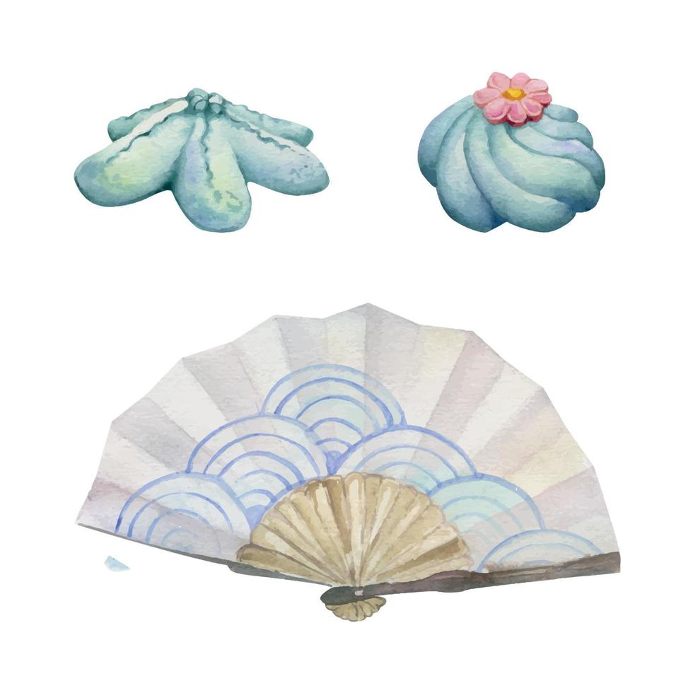 aguarela mão desenhado conjunto do tradicional japonês doces. verão nerikiri Wagashi com fã. isolado em branco fundo. Projeto para convites, restaurante cardápio, cumprimento cartões, imprimir, têxtil. vetor