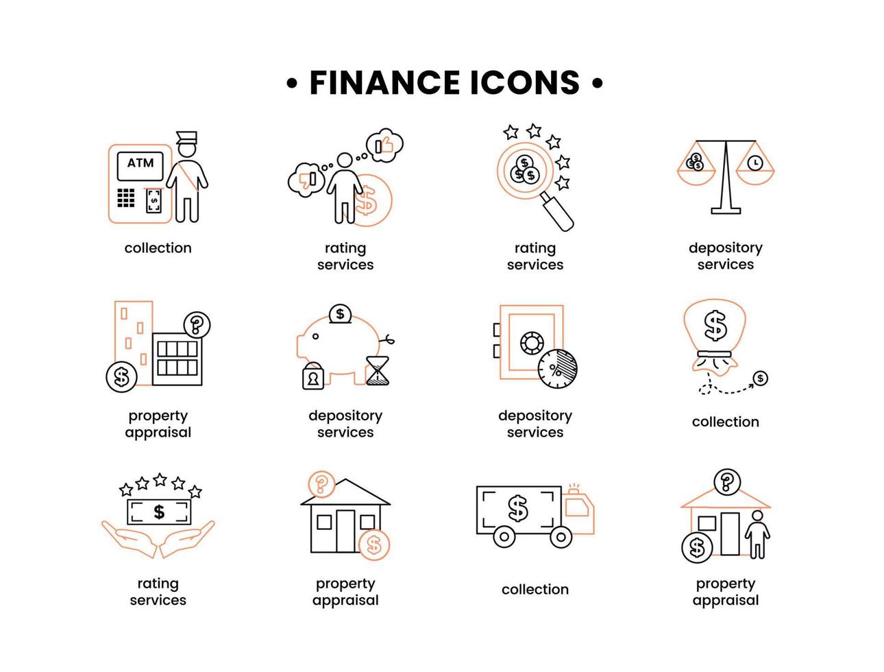 finança. vetor ilustração conjunto do ícones depositário Serviços, propriedade avaliação, Avaliação Serviços, coleção.