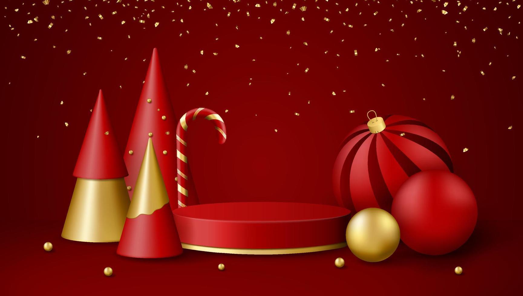Natal 3d cena com vermelho e ouro pódio plataforma, bolas, doce e Natal árvores vetor