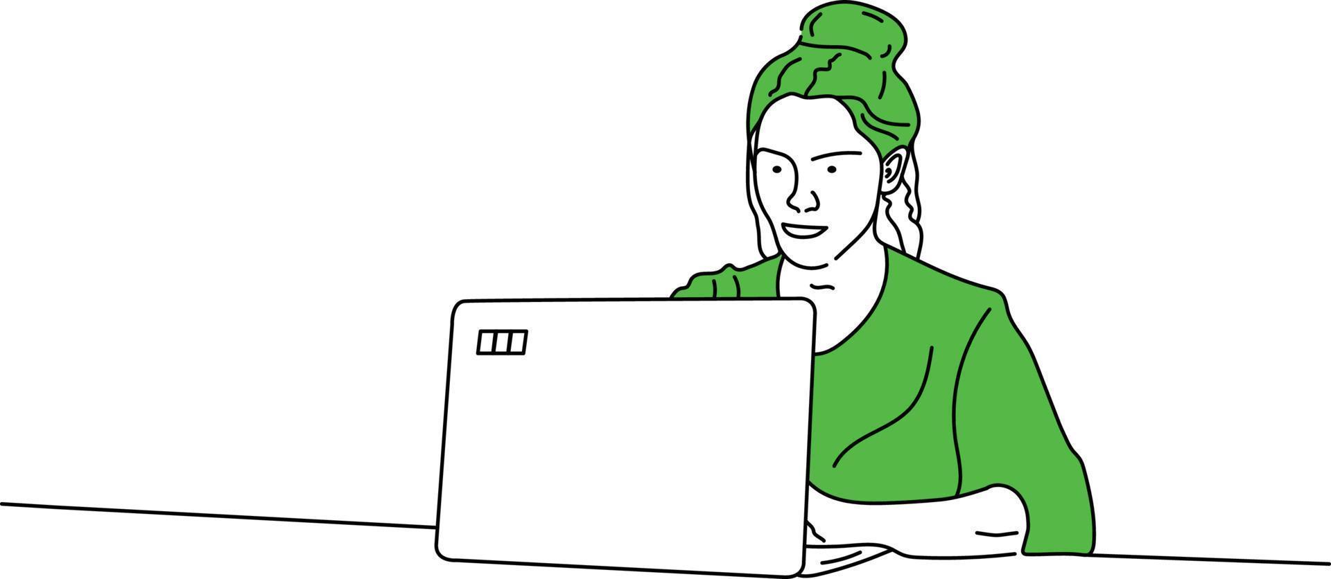 corporativo vetor Projeto arte do verde mulher com uma computador portátil trabalhando em branco fundo
