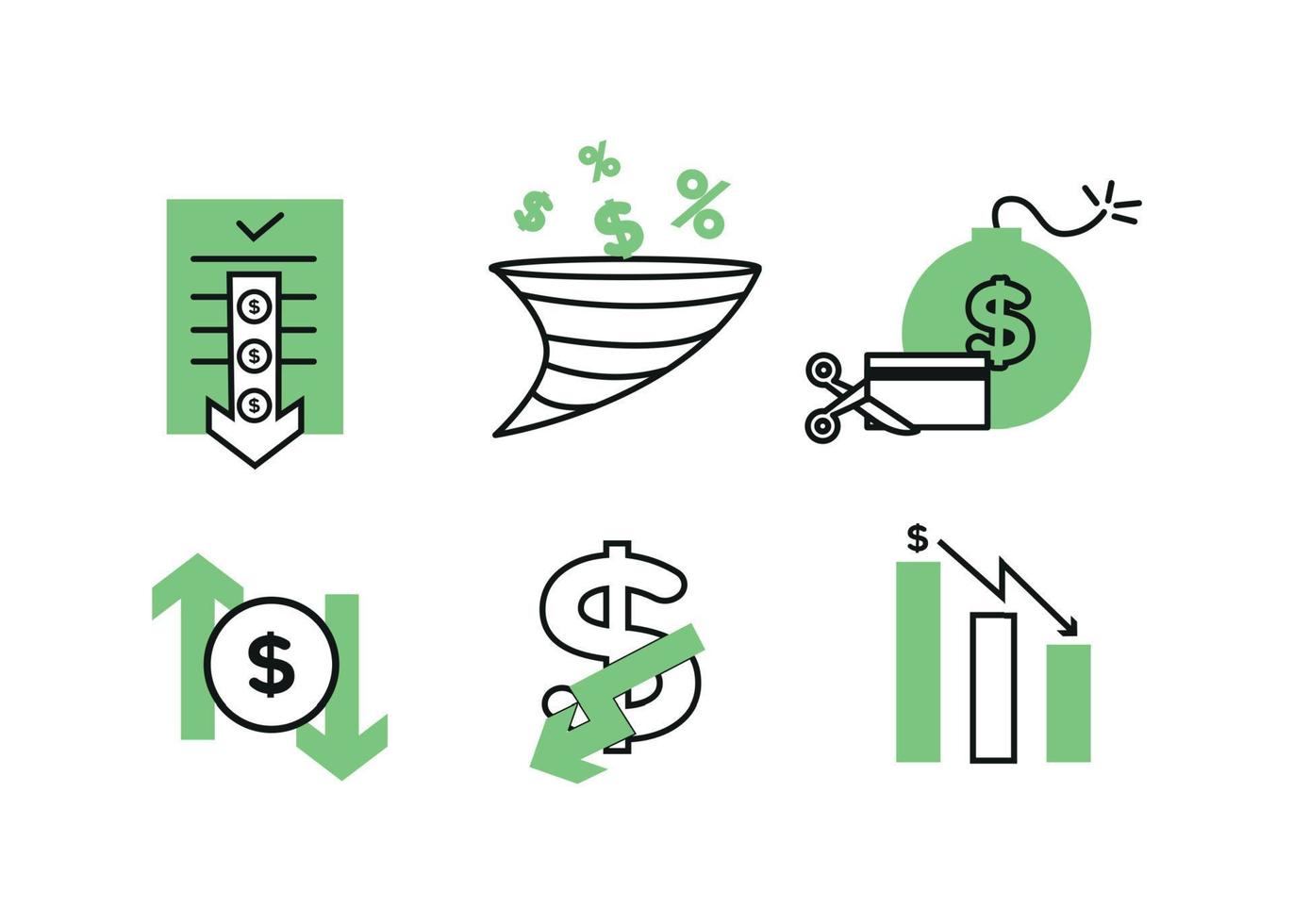 finança ícones definir. vetor ilustração do desvalorização, padrão. a dólar ícone em que a baixa seta. dólar ícone dentro uma volta quadro, em a lados do que lá estão acima e baixa Setas; flechas.