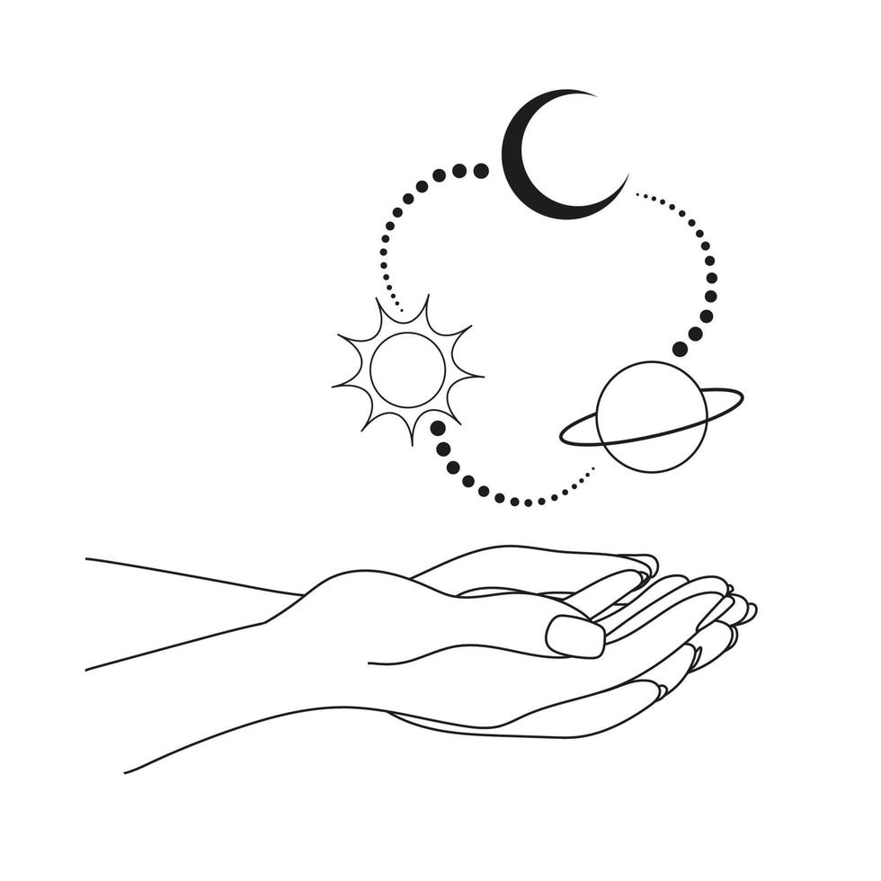 mãos com lua, planeta e Sol. abstrato símbolo para cosméticos e embalagem, joia, logotipo, tatuagem. esotérico. galáxia vetor