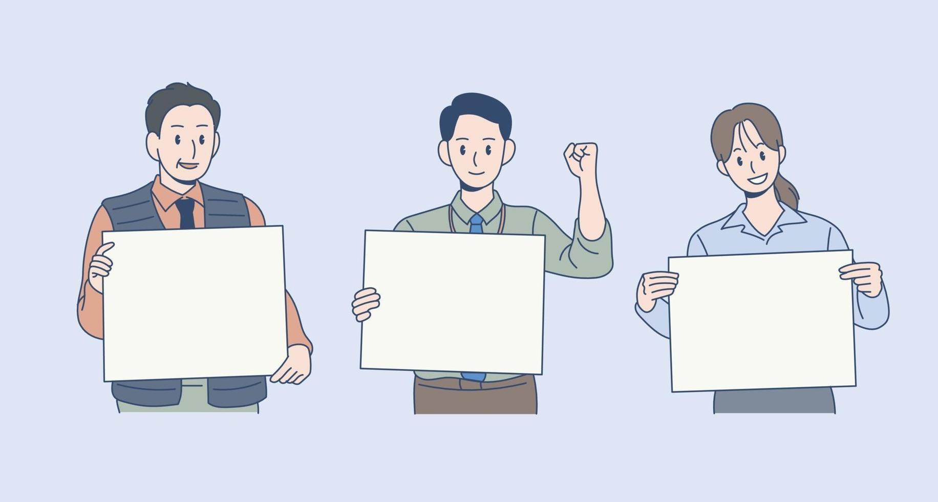 três funcionários de escritório estão com papel branco. mão desenhada estilo ilustrações vetoriais. vetor