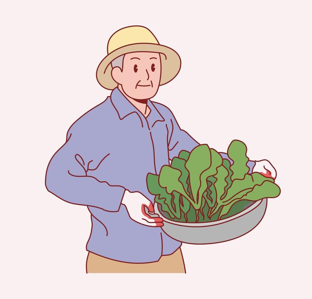 um velho fazendeiro está parado com legumes. mão desenhada estilo ilustrações vetoriais. vetor