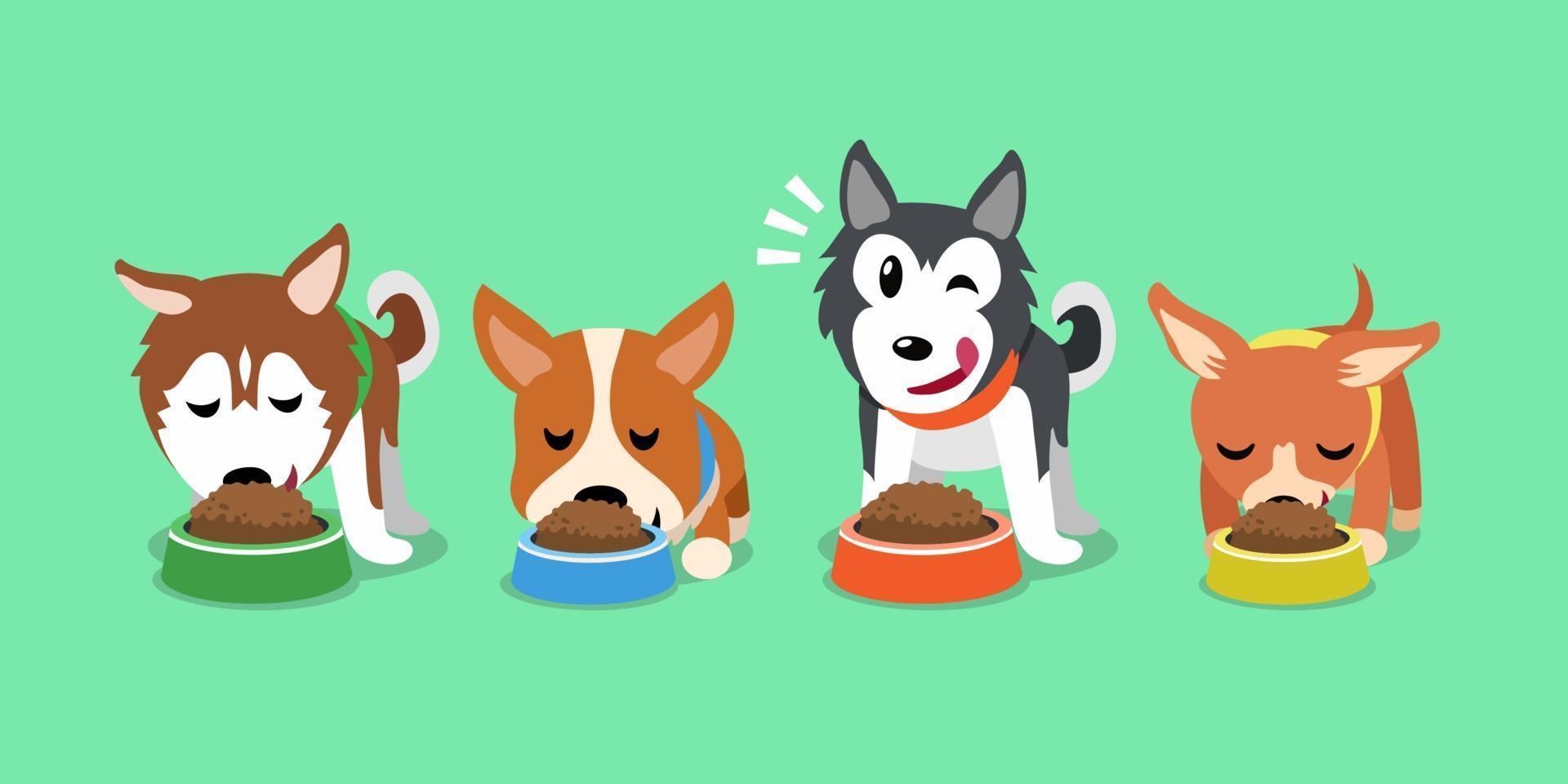 vector cartoon cães fofos com tigelas de comida