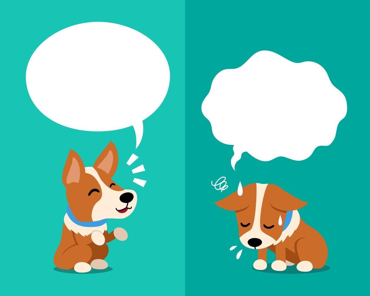 vector cartoon corgi dog expressando emoções diferentes com balões de fala