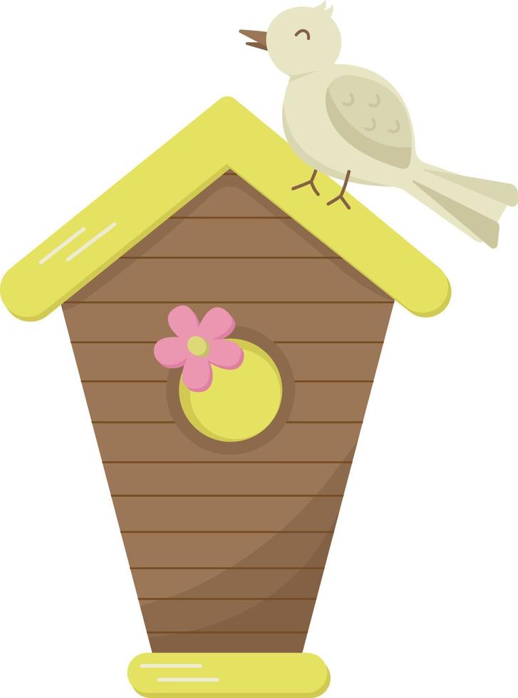 Casa de passarinho com uma pequeno pássaro em a teto. desenho animado vetor fofa ilustração. primavera conceito