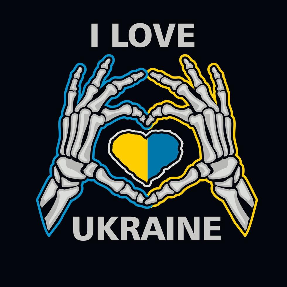 grunge, mão coração gesto esqueleto e Ucrânia bandeira vetor