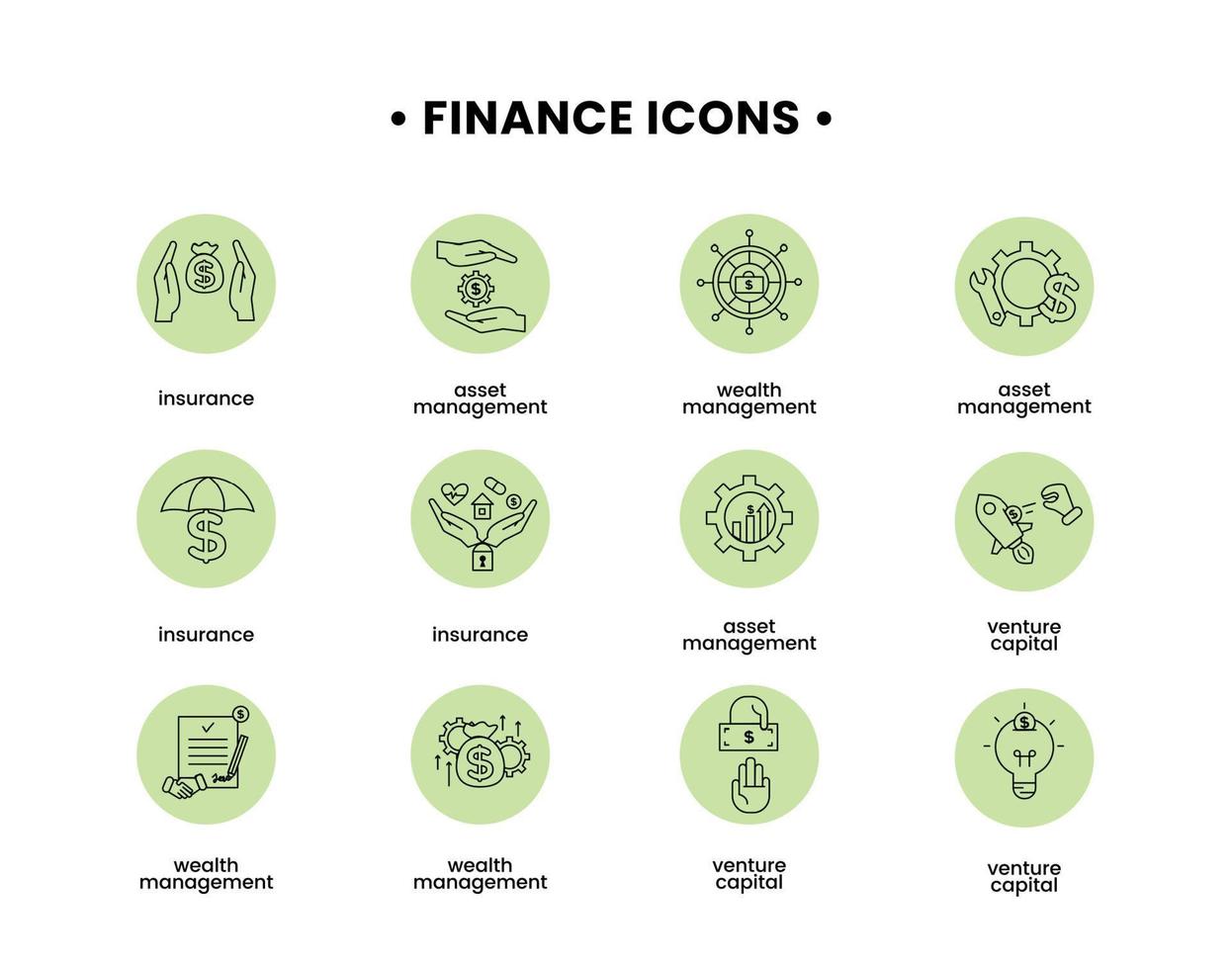 finança ícones definir. vetor ilustração do de ativos gerenciamento, risco capital, seguro, riqueza gestão ícones.