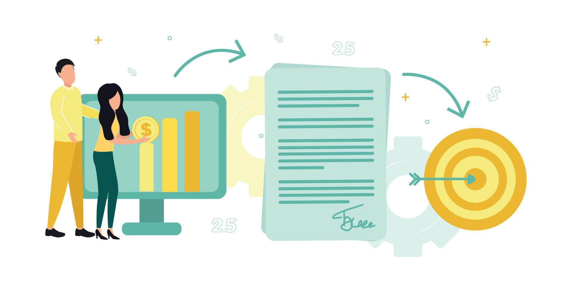 finança. financeiro intercâmbio. pessoas estão em pé com uma moeda às a monitor com uma diagrama, a partir de isto a seta para uma documento, a partir de uma documento a seta para uma alvo com a seta. vetor ilustração