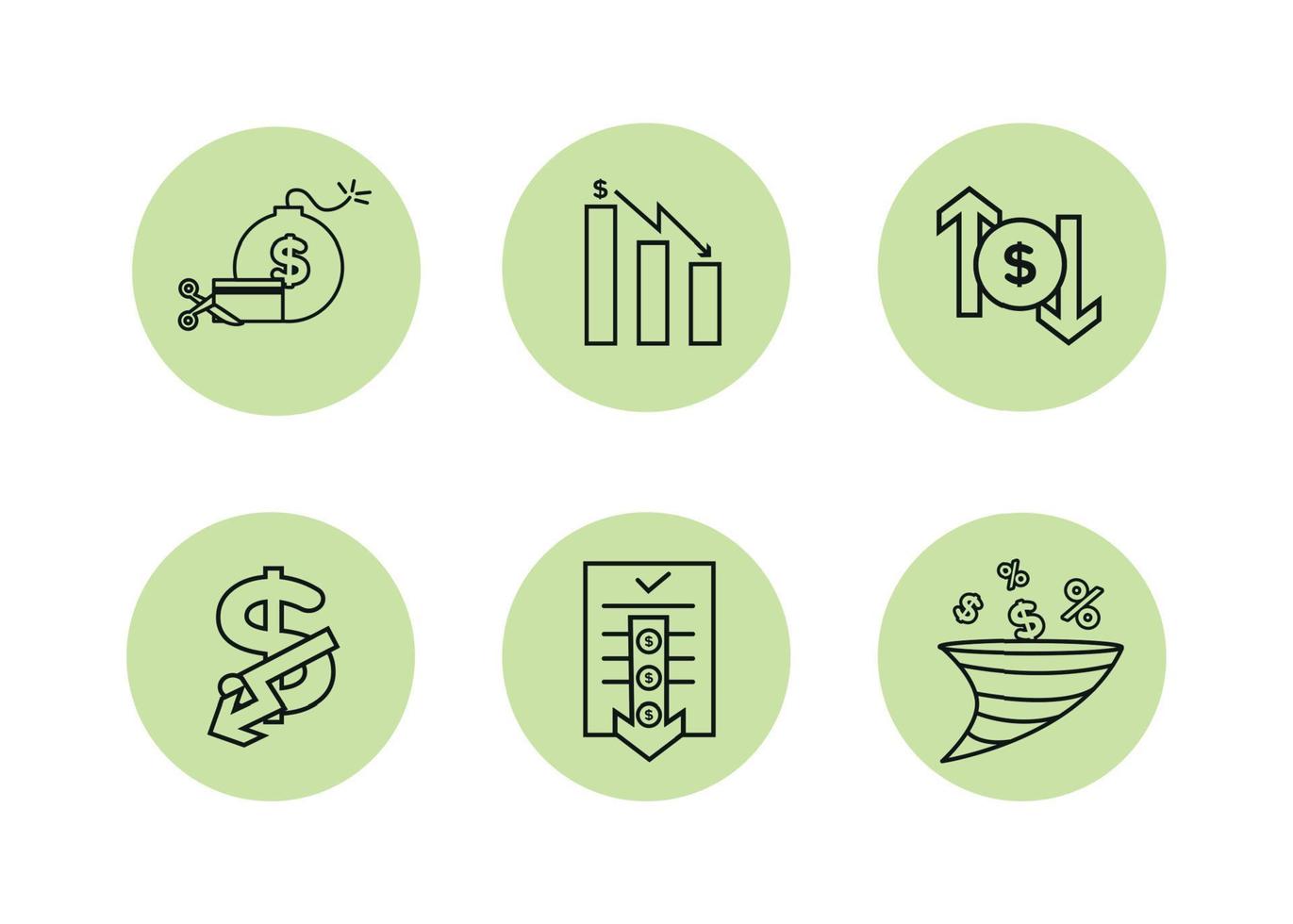 finança ícones definir. vetor ilustração do desvalorização, padrão. a dólar ícone em que a baixa seta. dólar ícone dentro uma volta quadro, em a lados do que lá estão acima e baixa Setas; flechas.