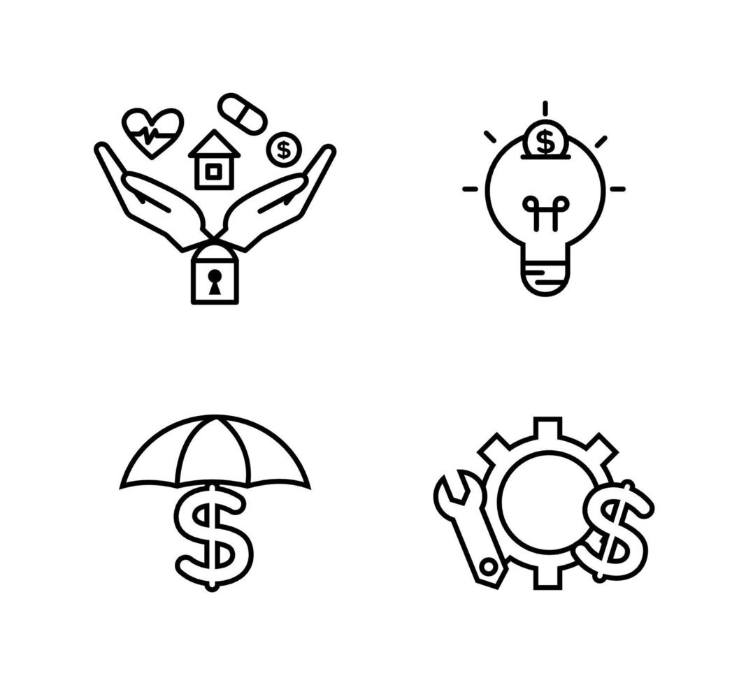 financeiro Serviços ícones definir. ícones seguro, risco capital, de ativos gerenciamento. ícones luz lâmpada com uma moeda, engrenagem com uma mecânico chave e uma dólar sinal, guarda-chuva e dólar em a lidar com vetor