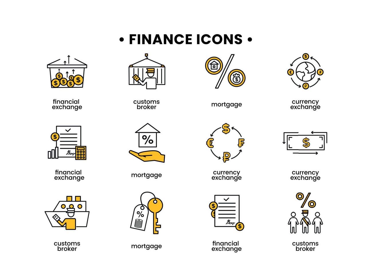 finança ícones definir. vetor ilustração do costumes corretor, hipoteca, financeiro intercâmbio, moeda troca ícones