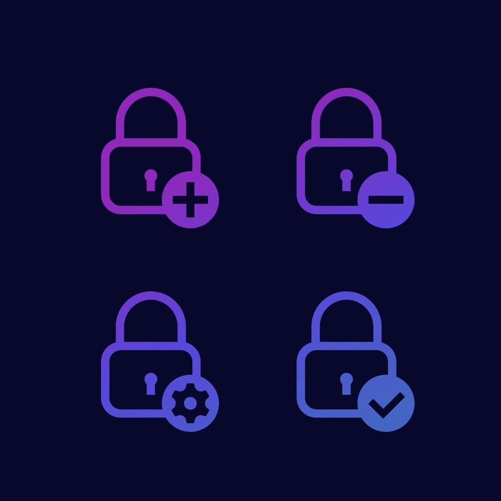 bloqueie com adicionar sinal, menos, engrenagem e tiquetaque, ícones de segurança vetor