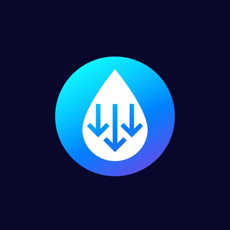 ícone de baixo nível de água com setas, sinal vetorial vetor
