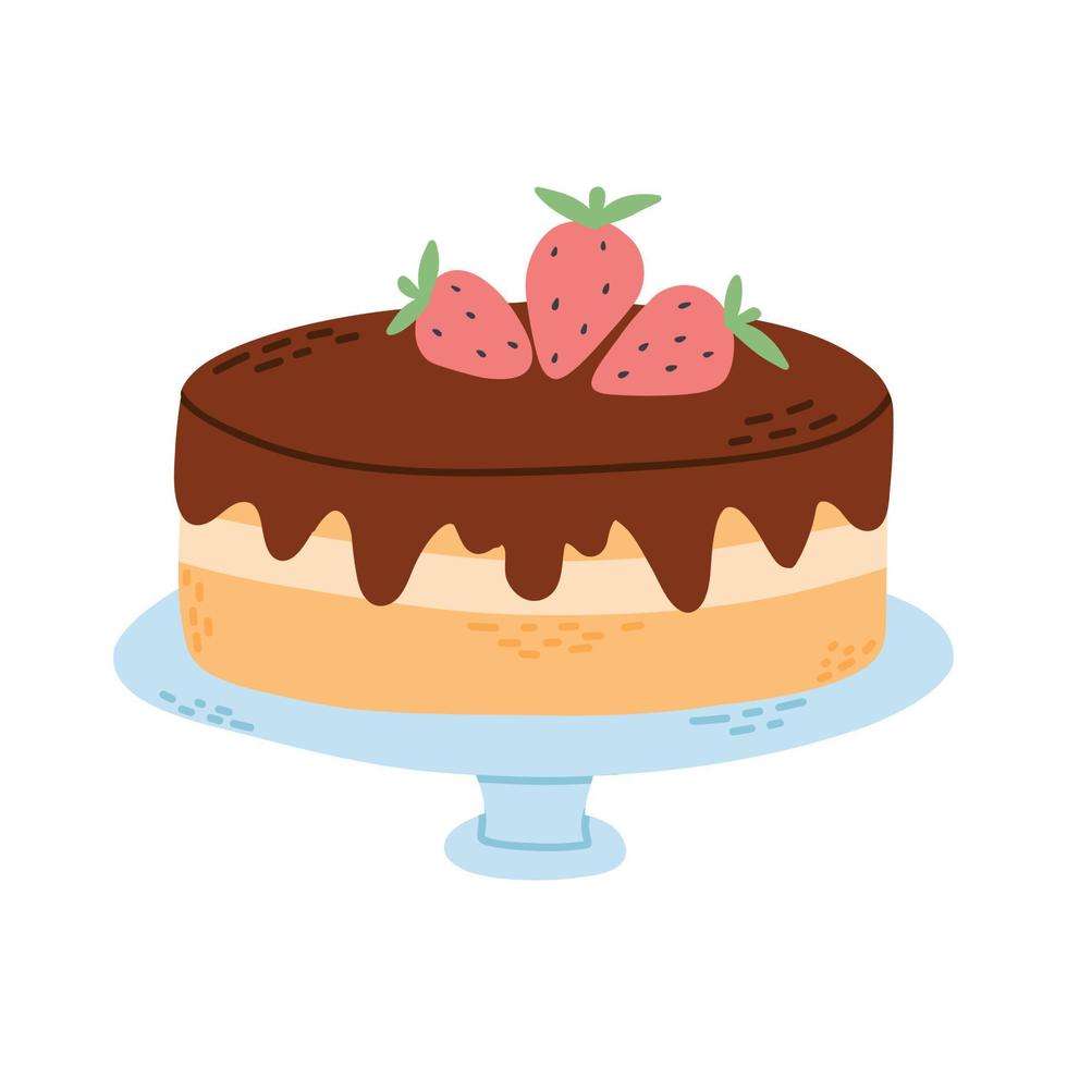 chocolate bolo com morangos dentro plano estilo. vetor ilustração. bolo em uma prato isolado em uma branco fundo.