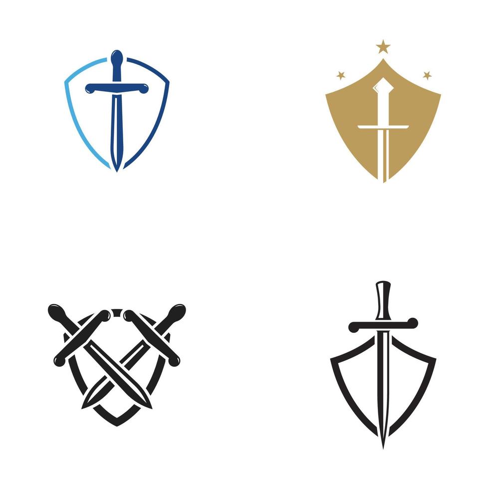 design de logotipo de espada e escudo. vetor