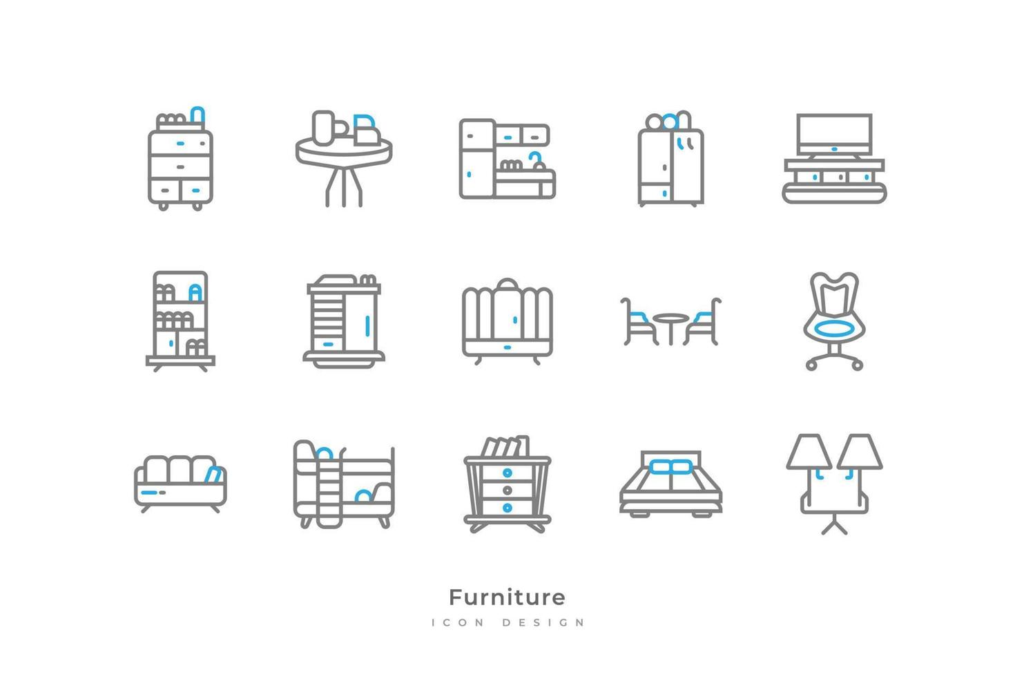 conjunto do mobília ícones com simples linha estilo. casa interior elementos, contendo cozinha, estante, cama, lâmpada, frigorífico, e Mais vetor