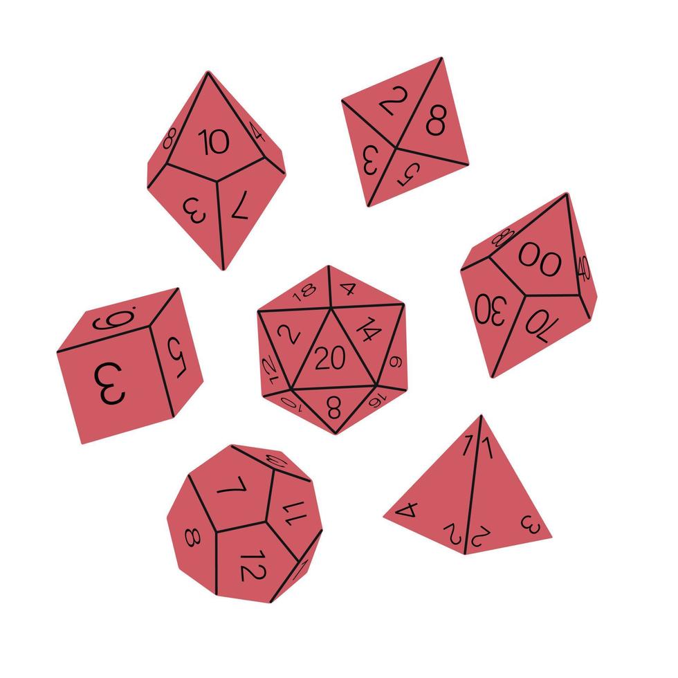 coleção do dados isolado em branco fundo, mão retirou. d8 d10 d12 d20 dados para borda jogos, rpg dados conjunto para mesa jogos vetor