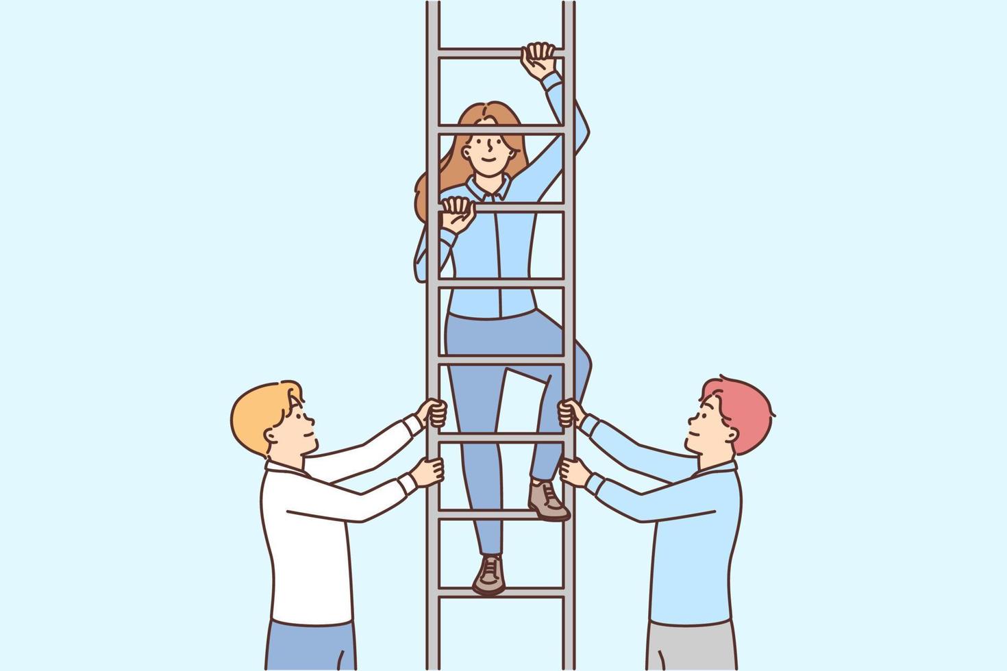 dois homens aguarde escada com menina para conceito estreito o negócio equipe e carreira sucesso. empregados companhia ou comece providenciar Apoio, suporte para colegas de ajudando eles escalar carreira escada vetor