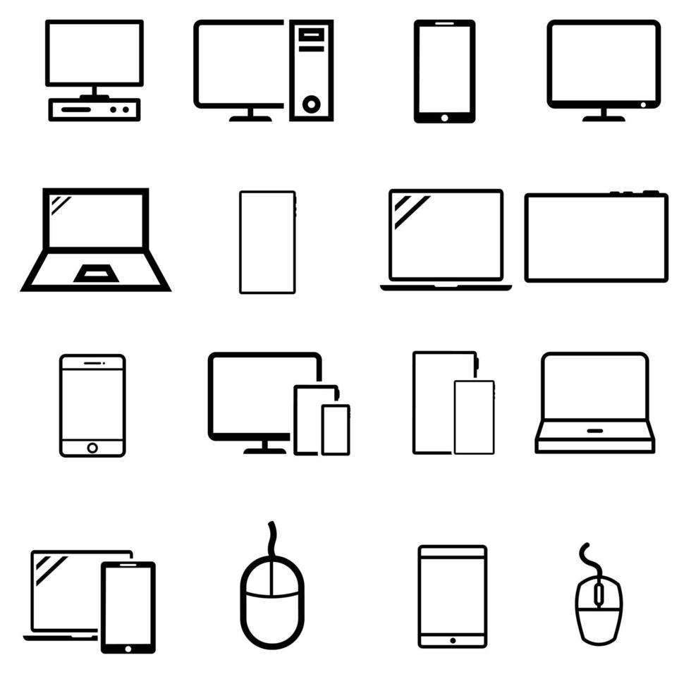 inteligente dispositivos vetor ícones definir. inteligente dispositivos ícone. aparelhos ilustração símbolo coleção. computador equipamento e eletrônicos placa ou logotipo.