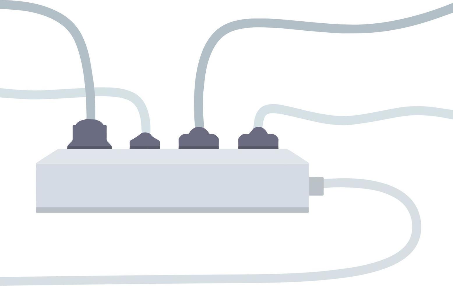 muitas tomadas para conectar com fios. carga no sistema. ilustração plana de desenho animado vetor