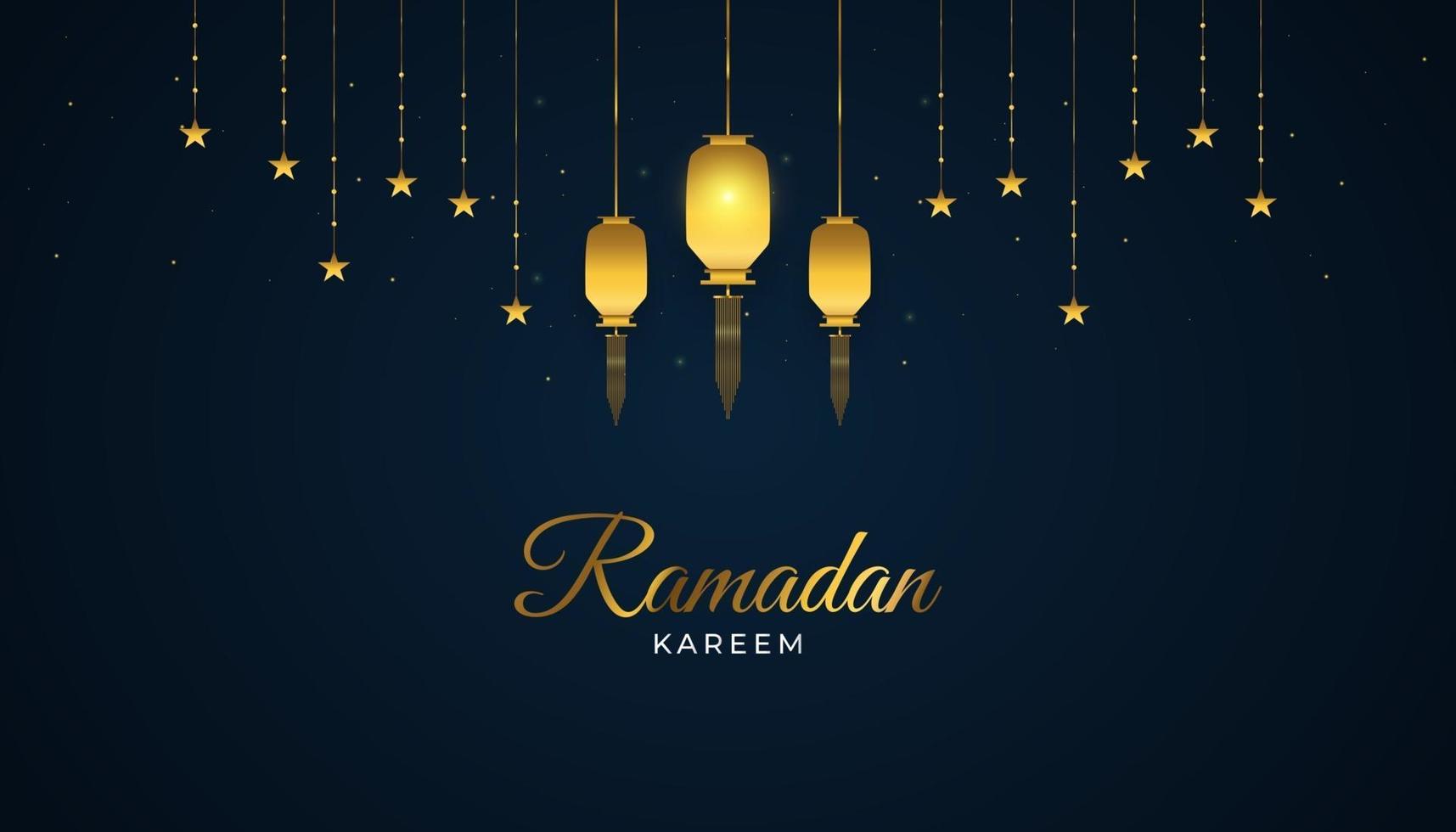 Ramadan Kareem banner ou cartão com lanternas árabes ouro e estrelas penduradas em fundo escuro. fundo islâmico com decorações luxuosas vetor