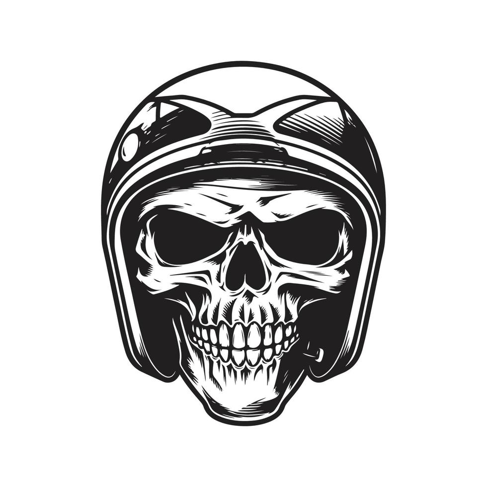 crânio motociclista com retro capacete, logotipo conceito Preto e branco cor, mão desenhado ilustração vetor