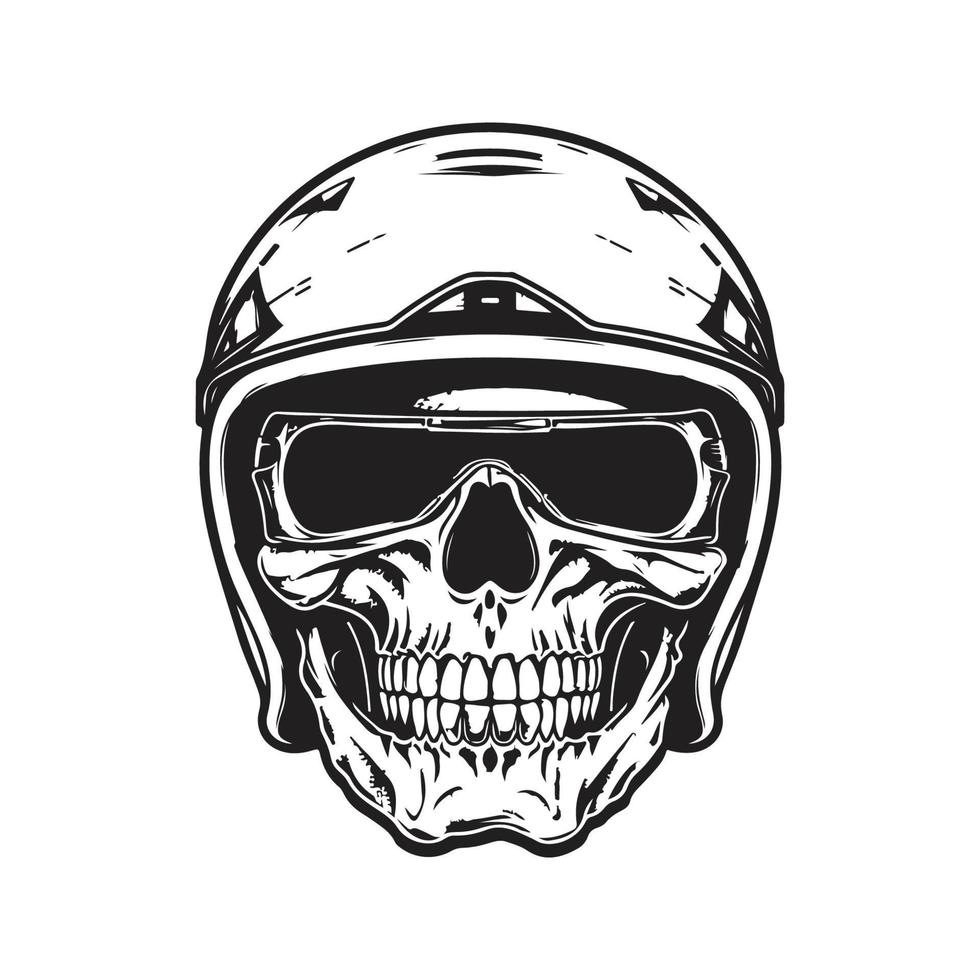 crânio motociclista com retro capacete, logotipo conceito Preto e branco cor, mão desenhado ilustração vetor