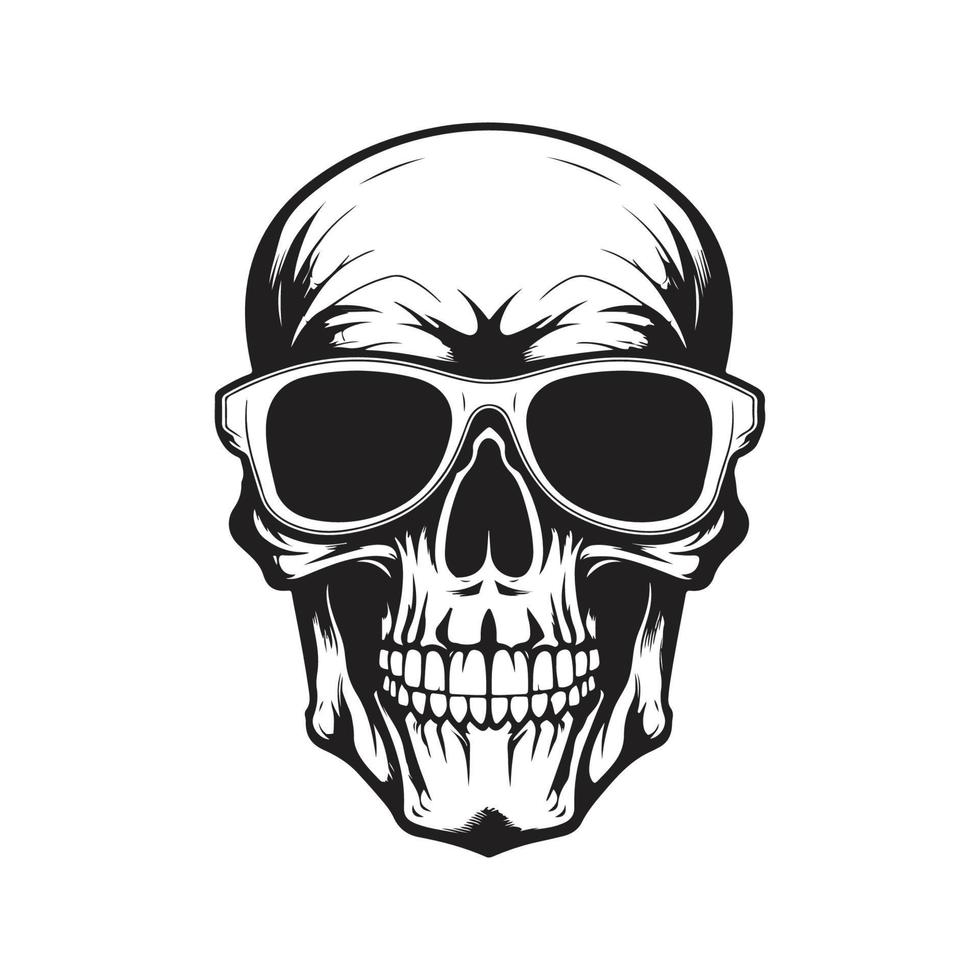 crânio com oculos de sol, logotipo conceito Preto e branco cor, mão desenhado ilustração vetor