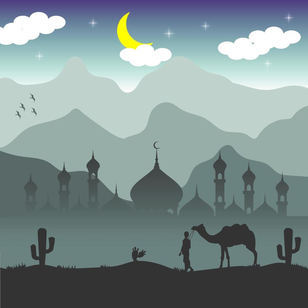 ilustração do Ramadã tema panorama Projeto com islâmico nuances. ilustração do deserto paisagens, mesquitas e camelos árabe nuances vetor