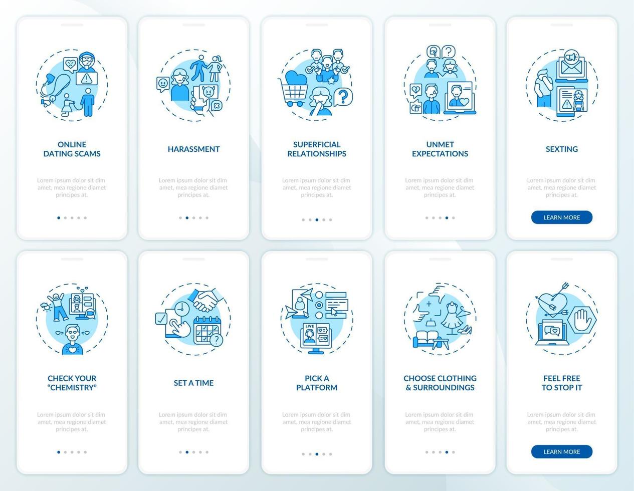 namoro online scams onboarding tela de página de aplicativo móvel com conceitos vetor