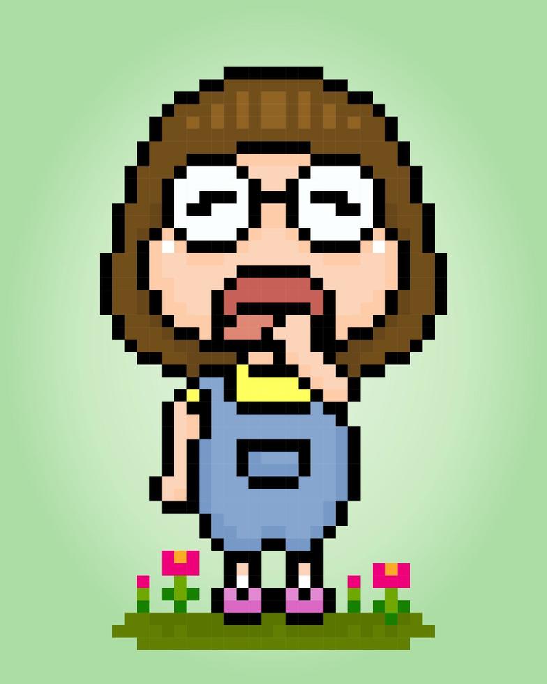 8 mordeu pixel do a fofa menina vestindo óculos. desenho animado mulher é sonolento dentro vetor ilustrações.