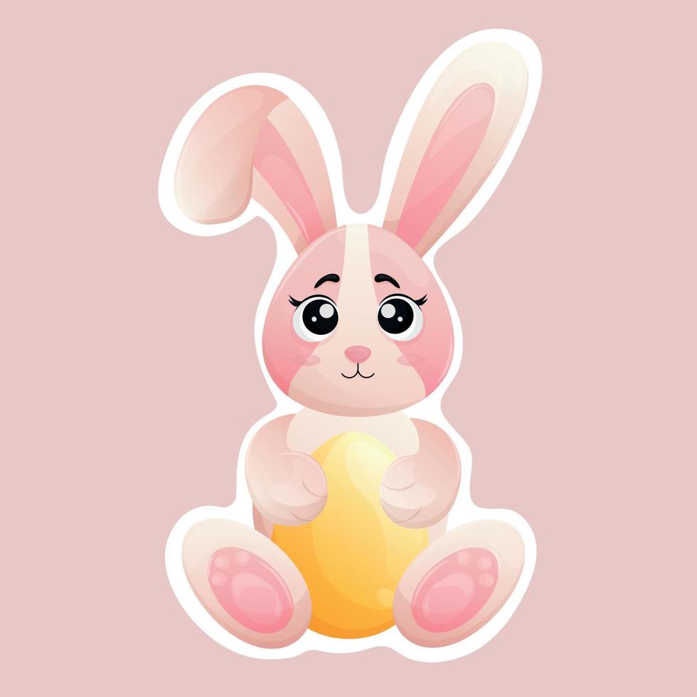 Páscoa pequeno fofa Rosa desenho animado pelúcia Coelho com fofa olhos e uma guardada orelha e amarelo ovo dentro patas. feliz Páscoa adesivo personagem com fervido colori ovo vetor