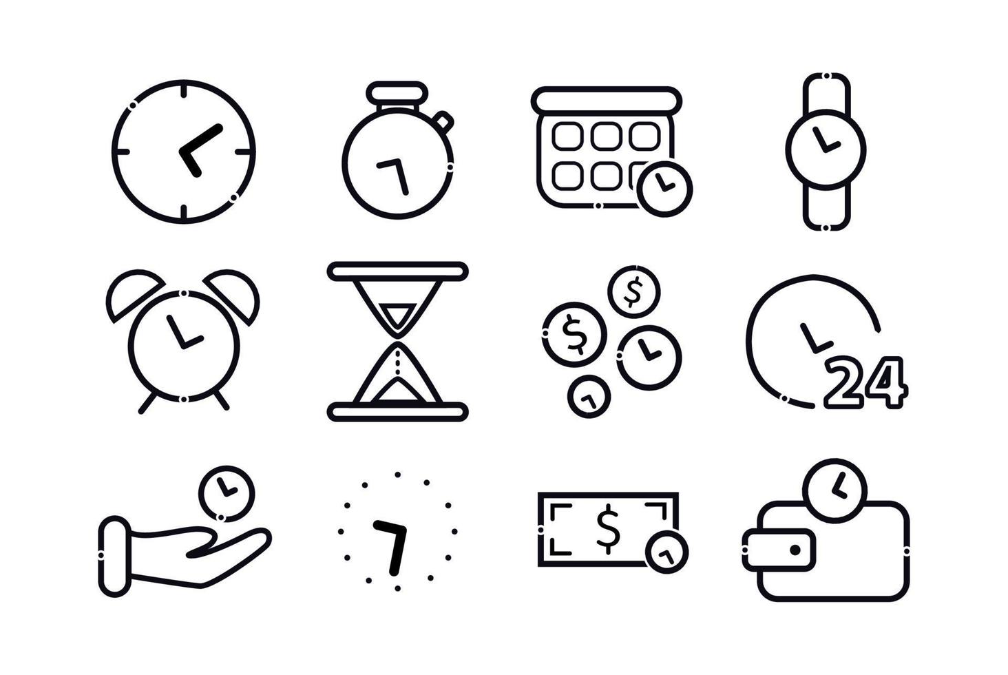 Tempo gestão ícones definir. elementos dentro a conjunto calendário, alarme relógio, ampulheta, relógio de pulso, relógio, Tempo é dinheiro, cronômetro, Tempo dentro mão. vetor