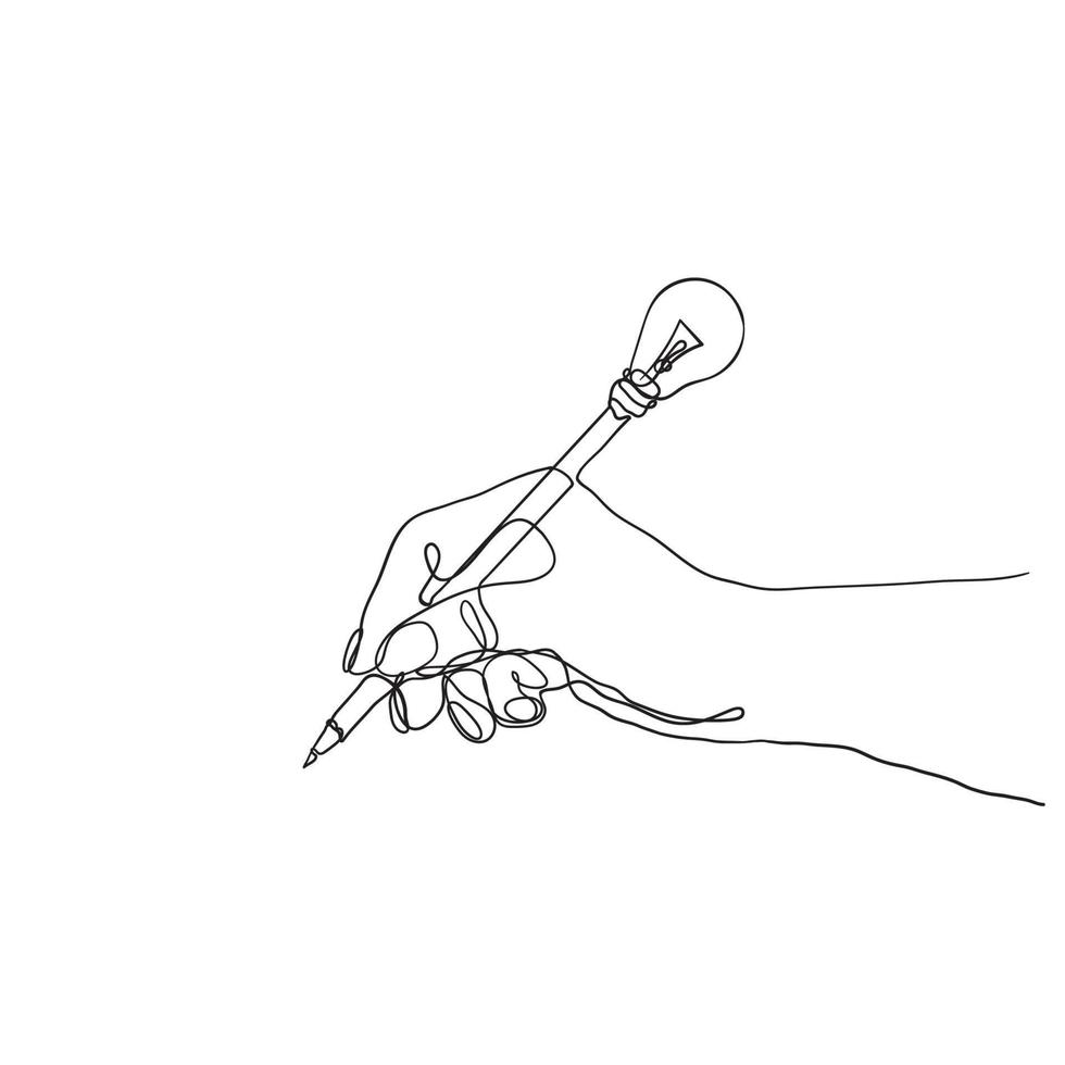 contínuo linha desenhando mão segurando lápis com lâmpada ilustração vetor