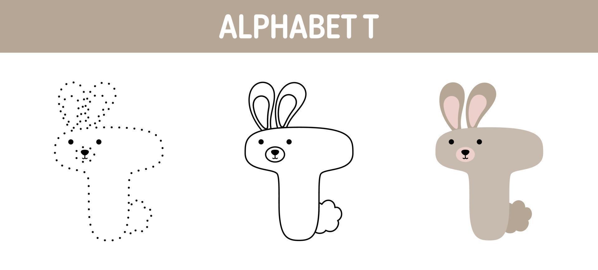 planilha de rastreamento e coloração do alfabeto t para crianças vetor