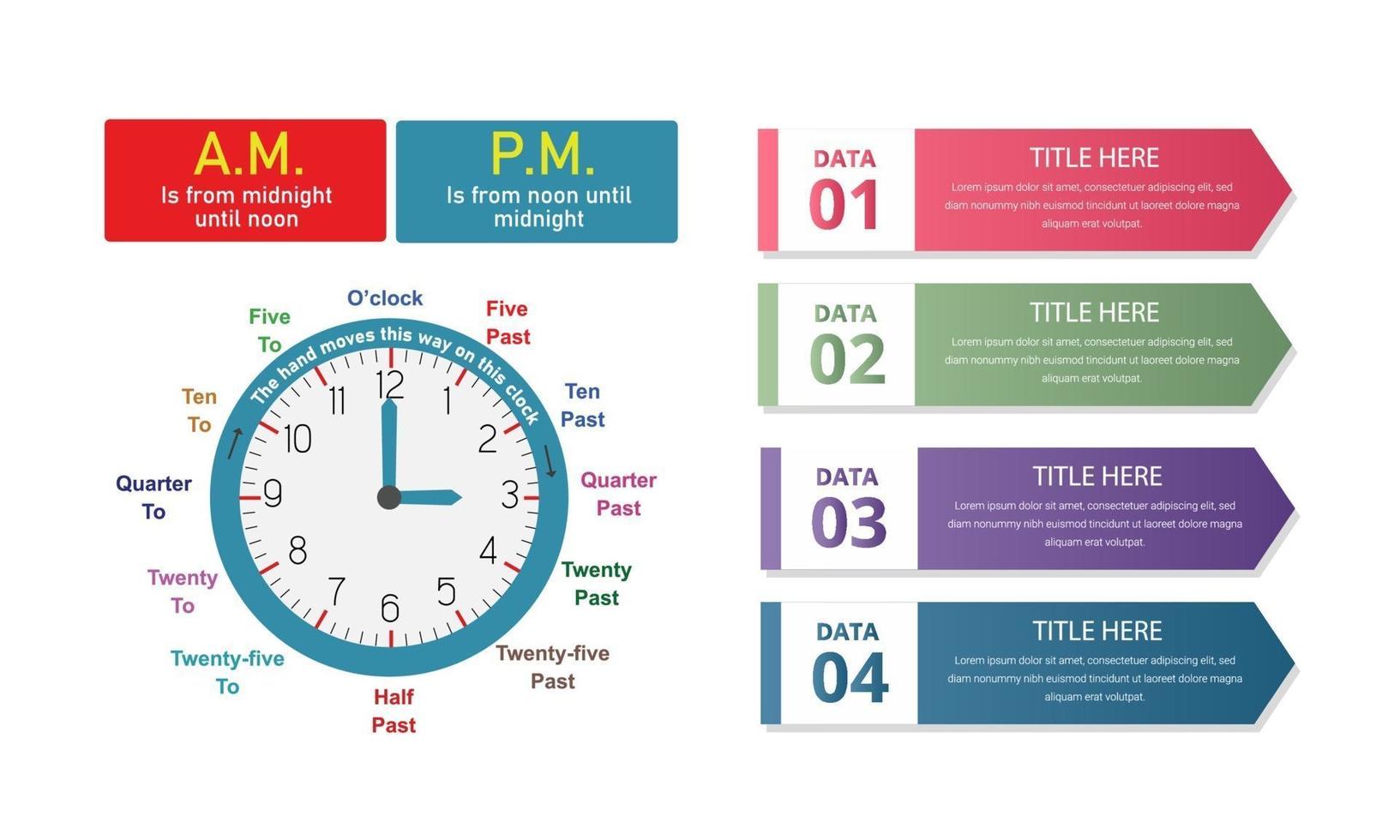 relógio infográfico educacional modelo design plano vetor