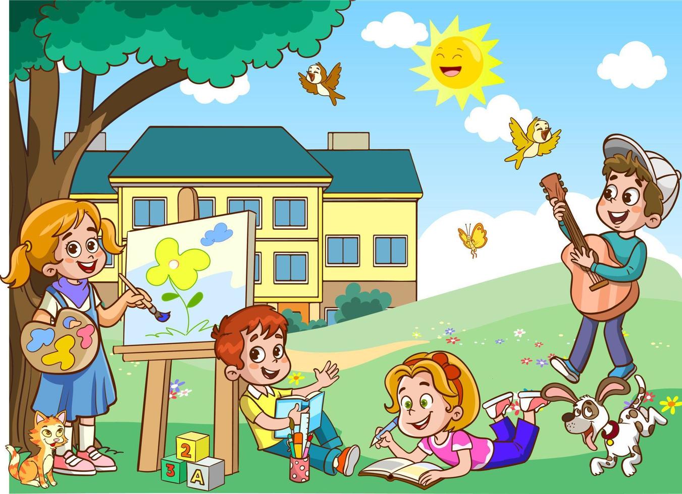 crianças lendo uma livro. adolescente Garoto jogando em guitarra. menina desenhando a aquarela. vetor ilustração. plano Projeto.