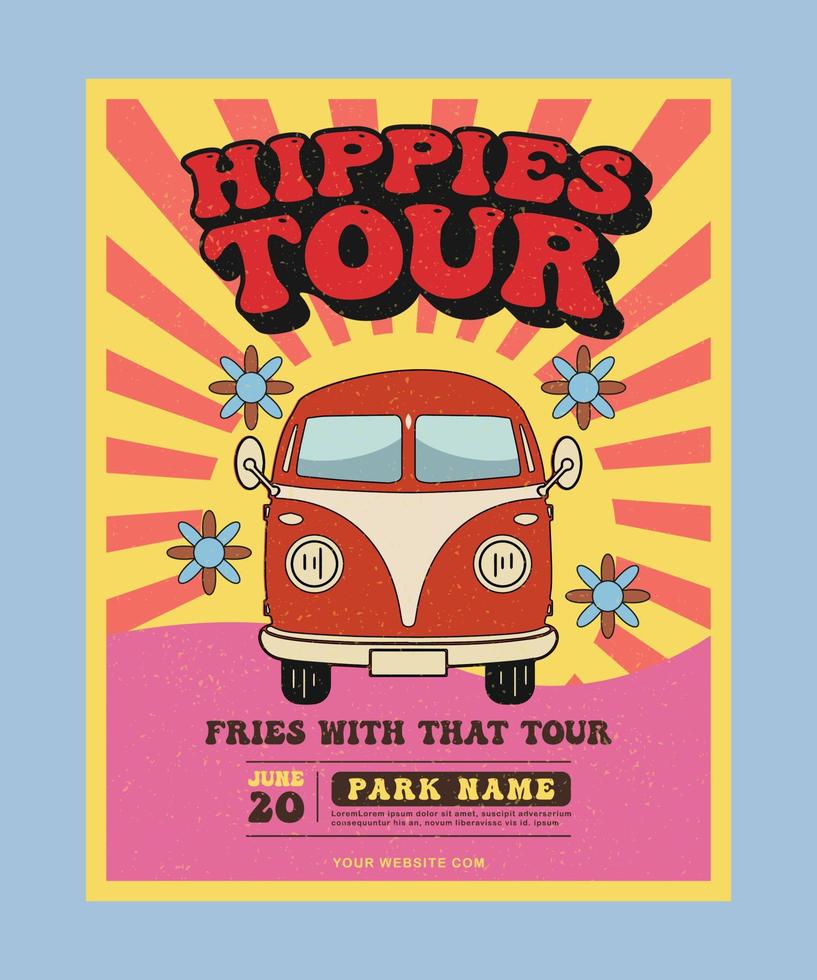 hippies festa folheto - retro hippies Tour folheto vetor