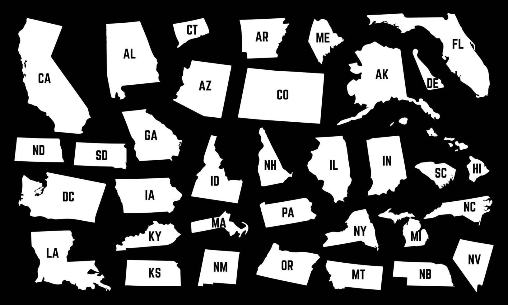 conjunto de vetores de silhuetas de mapas de estados e territórios dos EUA