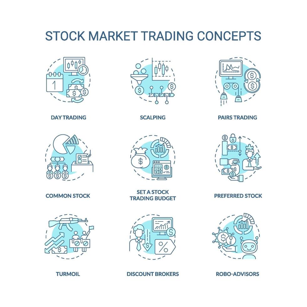 Conjunto de ícones de conceito de negociação do mercado de ações vetor