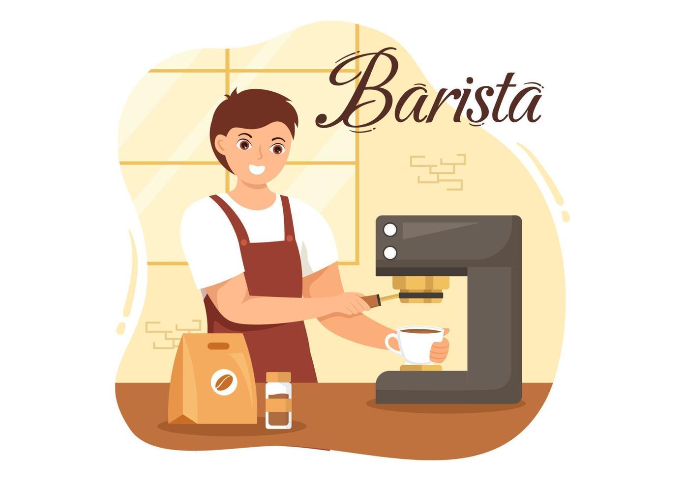 barista ilustração com vestindo em pé avental fazer café para cliente dentro plano desenho animado mão desenhado aterrissagem página ou rede bandeira modelo vetor
