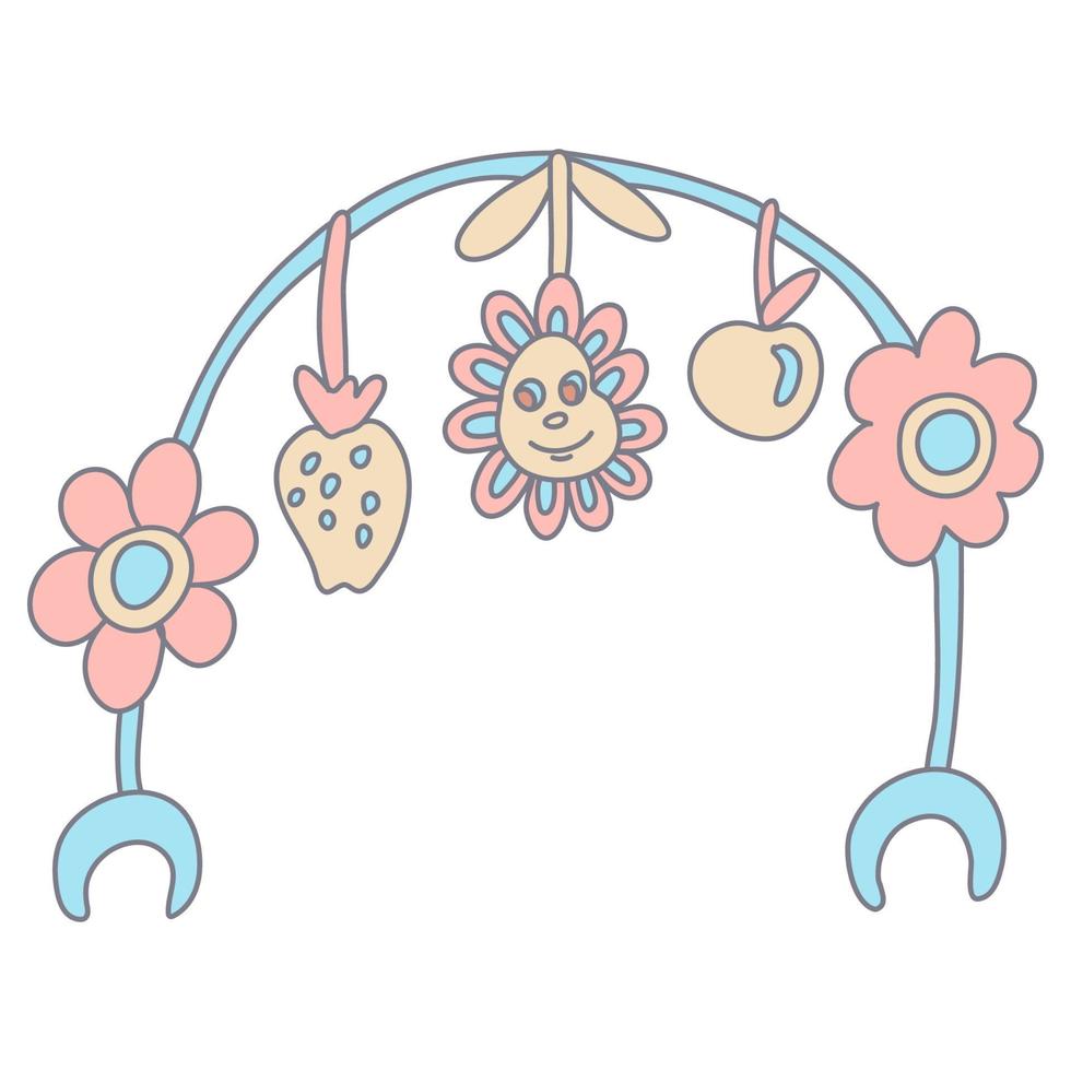 infantil arco com suspensão brinquedos para bebê assento, balancim e berços dentro cor rabisco estilo. plano estilo com contorno. mão desenhado vetor ilustração isolado em branco. pastel cores, rosa, azul, bege.