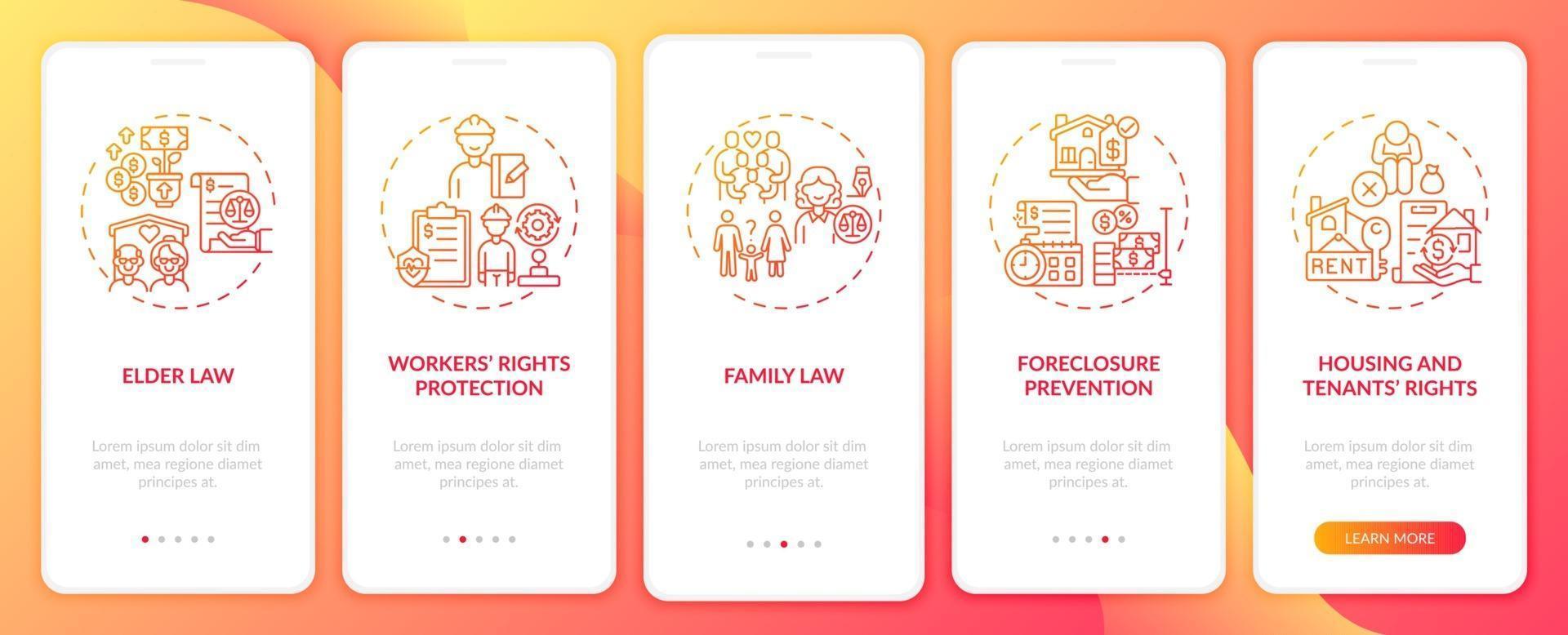 tela da página do aplicativo móvel de integração de tipos de serviços jurídicos com conceitos vetor